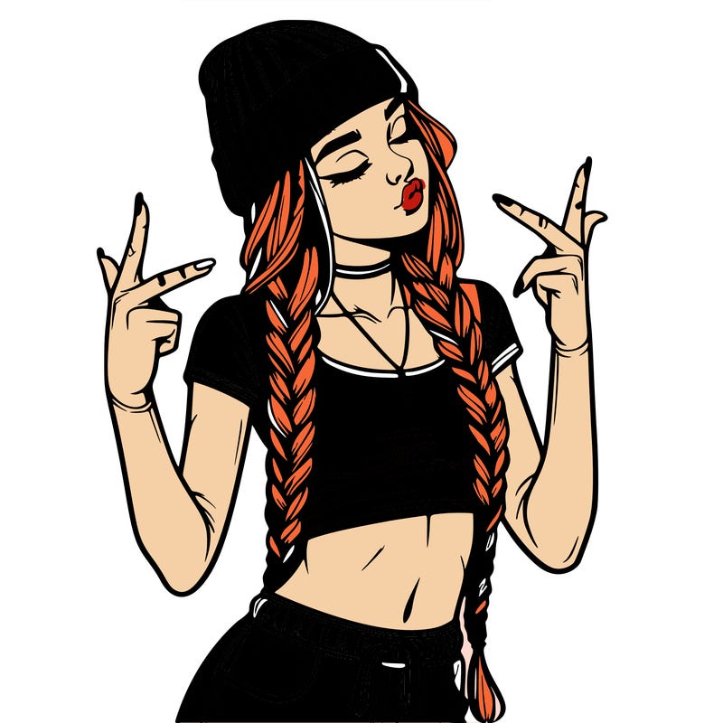realistic teenage girl with braids and a beanie and crop top doing 🫶🏼