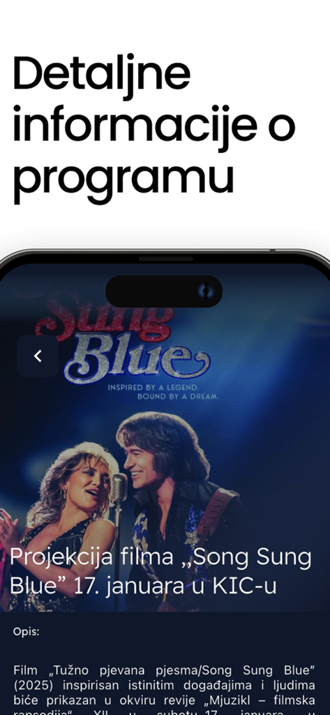 KIC Podgorica - Mobile app interface showing detailed program information for a cultural event in Podgorica