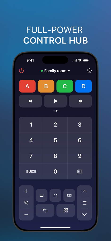 Interface de l'application de télécommande TV universelle montrant un clavier numérique et des boutons de contrôle de la maison intelligente sur un écran de smartphone.