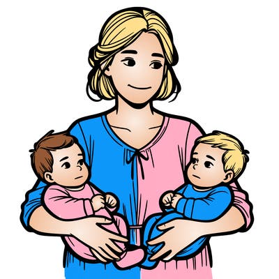 one woman holding two babies by herself realistic