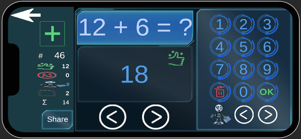 Interactive addition quiz on Math for Kids with AI app showing a correct answer for twelve plus six.