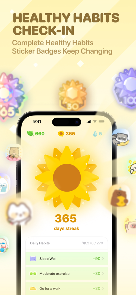 Moodji app screenshot showing a 365 day healthy habit streak with a sunflower icon and daily goal check-ins