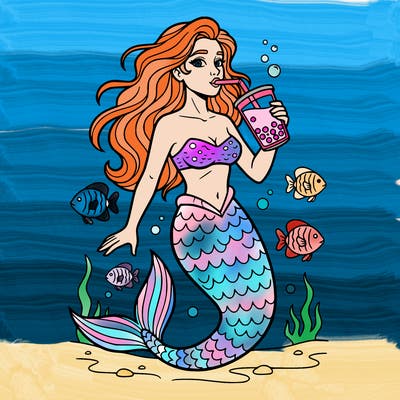 make an easy to color mermaid with long wavy hair in a croc top with a long tail under the sea with fish swimming around her and she’s drinking boba