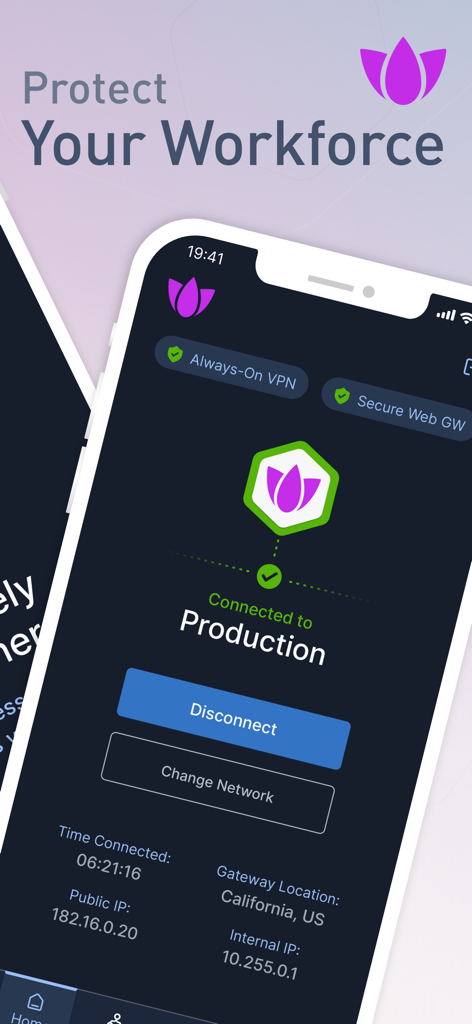 Harmony SASE app interface showing a secure VPN connection to production with gateway details.