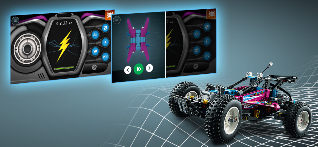 Interfaz de la aplicación LEGO Technic Control Plus que muestra las funciones de control remoto para un buggy todoterreno