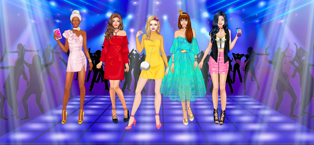 Un escuadrón de cinco universitarias elegantes con vestidos de fiesta coloridos en una pista de baile de neón.