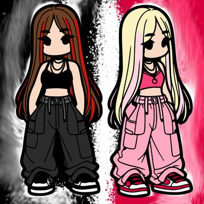 girl in baggy pants crop top and long hair