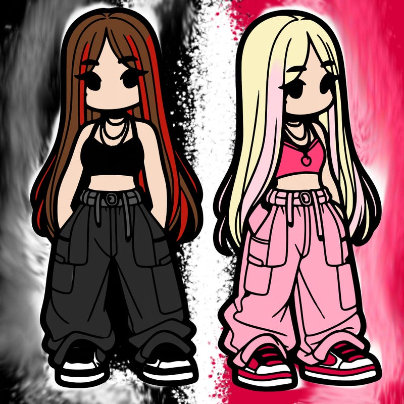 girl in baggy pants crop top and long hair