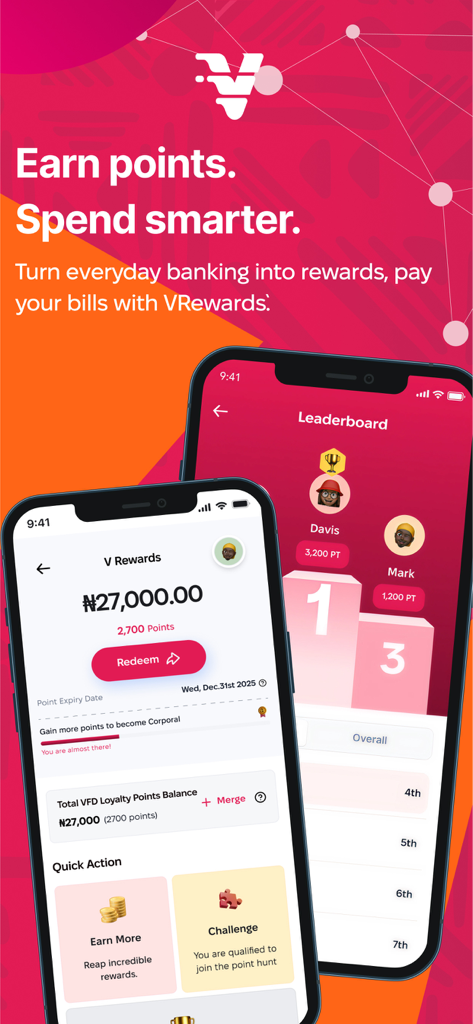 V by VFD - V by VFD mobile app interface showing VRewards loyalty points balance and user leaderboard.