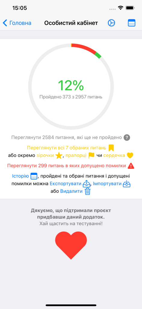 Schermata dell'account personale nell'app Test di abilità generali che visualizza i progressi nella preparazione agli esami e le statistiche delle domande