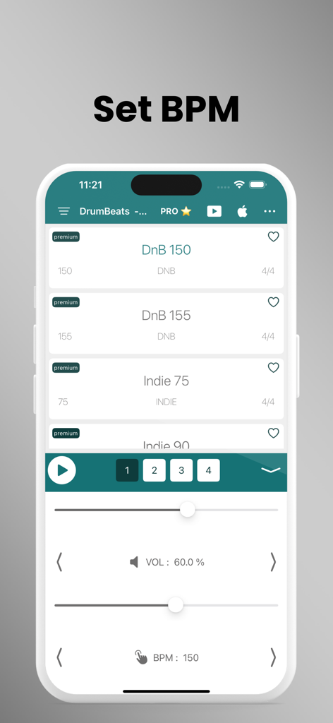 DrumBeats - Real Drum Loops - DrumBeats app interface displaying drum loops with BPM and volume adjustment controls