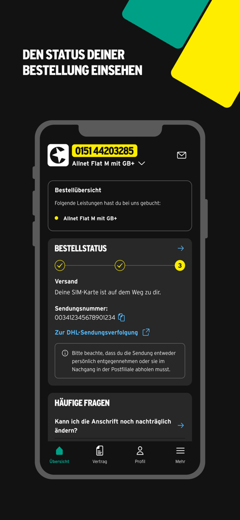 Congstar app order status screen showing SIM card shipping progress