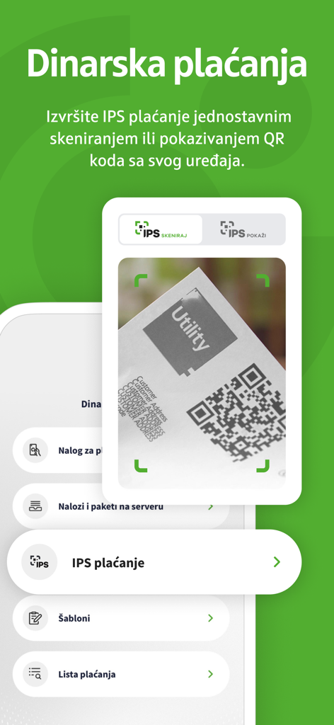 OTP biznis m-bank - OTP biznis m-bank mobile app interface showing a QR code scan for business payments.