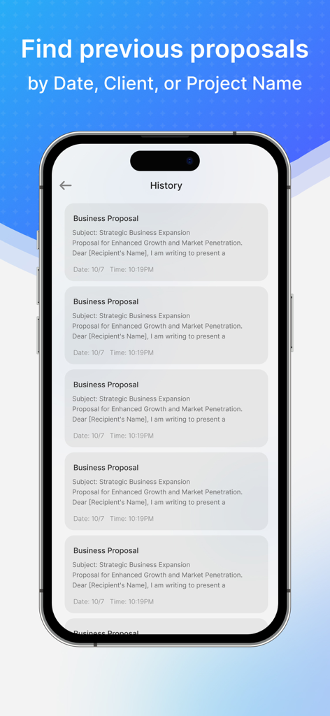 AI Business Proposal Generator - Uma tela mostrando o histórico de propostas comerciais geradas com títulos e datas