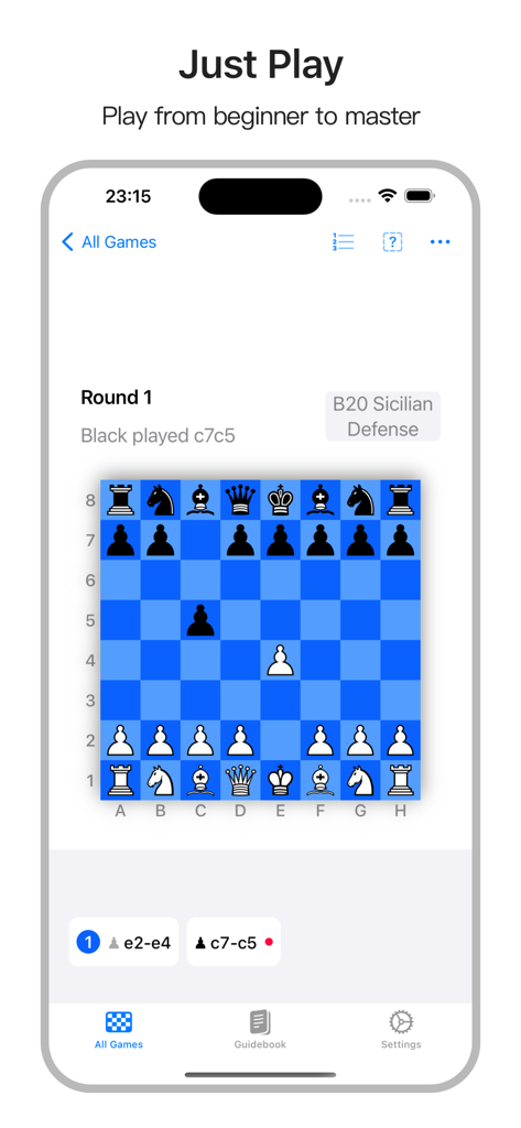 ChessBot mobile app screen showing a chess game with the Sicilian Defense opening on a blue board.