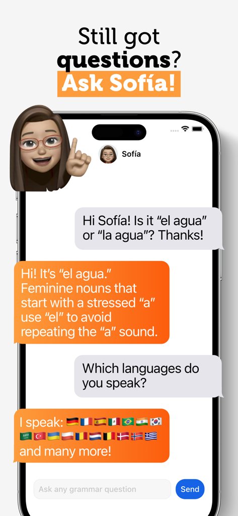 Spanish Grammar: Gramático - The Sofia AI assistant in the Gramatico app answering a Spanish grammar question about definite articles.