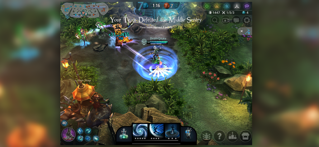 Vainglory - Vainglory MOBA-Gameplay, das Heldenkämpfe und Teamziele auf einer üppigen Dschungelkarte zeigt