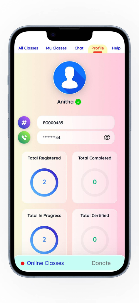 Free Gurukul - User profile dashboard in the Free Gurukul app showing course progress and statistics
