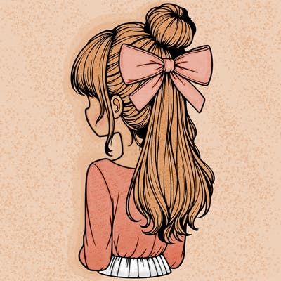 realistic girl  with hip length hair a bun and a big bow on the back of head