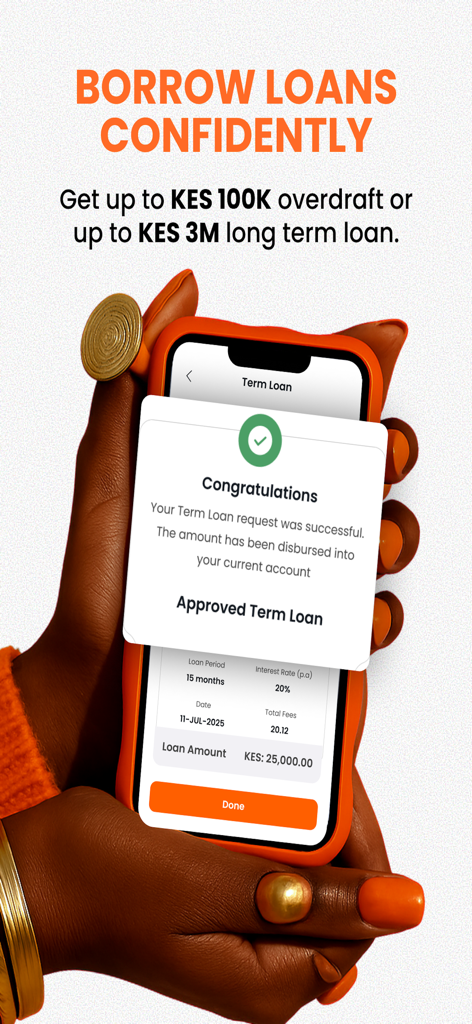 Mobile phone screen showing a successful loan approval message in the LOOP app.