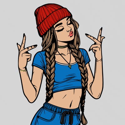 realistic teenage girl with braids and a beanie and crop top doing 🫶🏼