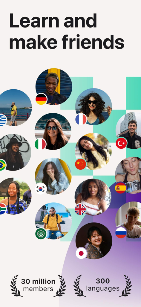Tandem: Conversation exchange - Profiles of diverse people from around the world with their national flags on the Tandem app