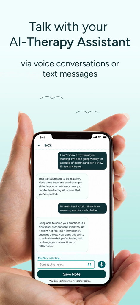 A smartphone screen showing a chat interface with an AI therapy assistant for voice and text messages