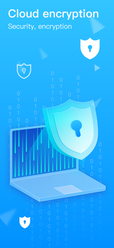 Graphic illustration of a laptop with shields and binary code representing cloud encryption and data security for the SPV app.