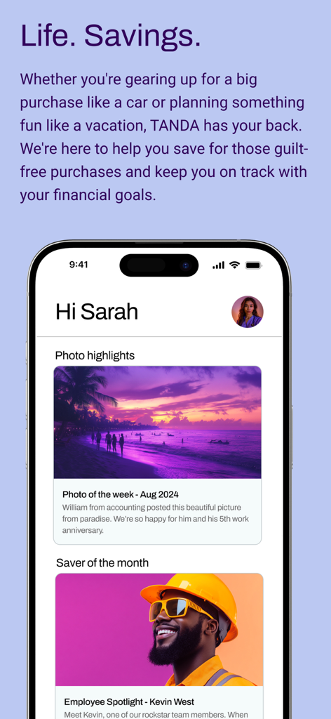 Mobile screenshot of the TANDA app community feed featuring workplace savings highlights and employee recognition