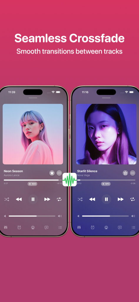 Synic - Offline Music Player - Dos teléfonos inteligentes mostrando la función de fundido cruzado en el reproductor de música offline Synic para transiciones suaves entre canciones.