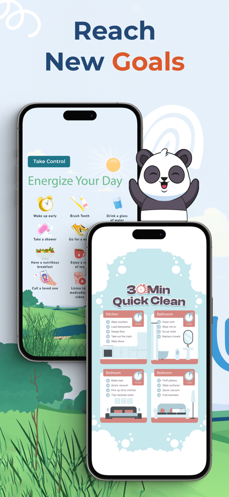 Cub: Self Care Pet & Focus - Cub app interface showing daily routine tasks and a cleaning checklist with a cute panda mascot