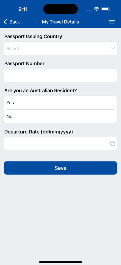 Écran de l'application pour la saisie des informations de voyage, notamment le numéro de passeport et la date de départ.