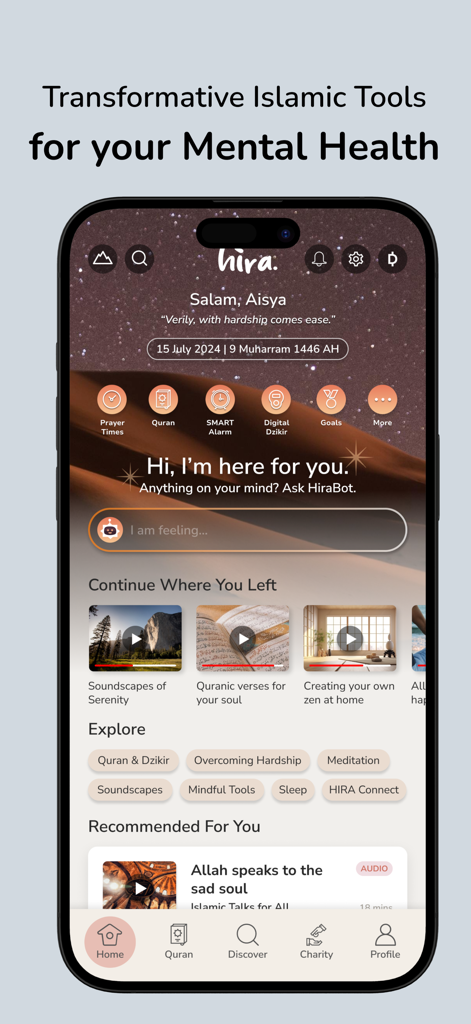 MuslimHira: MentalHealth|Quran - Screenshot of the MuslimHira app home screen showing Islamic wellness tools and AI chatbot interface