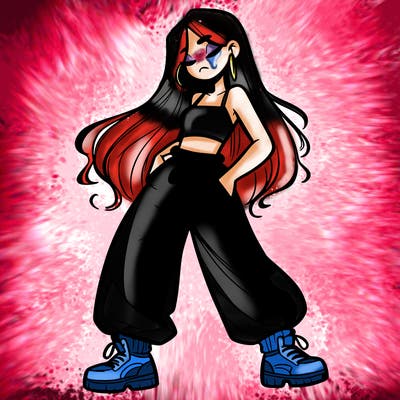 girl in baggy pants crop top and long hair