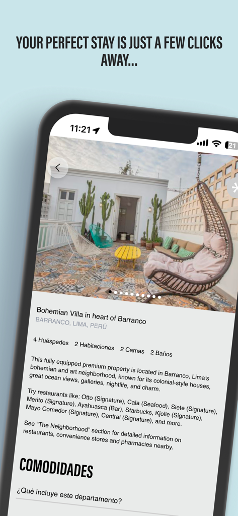 Wynwood House - Wynwood House app screen displaying a Bohemian Villa rental in Barranco Lima with an aesthetic patio.