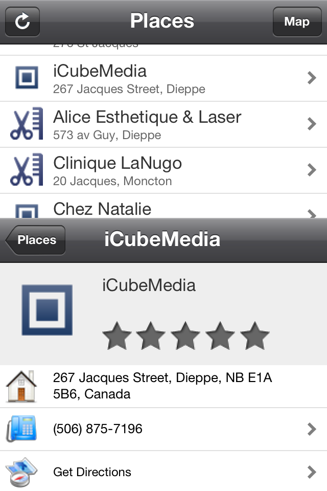 World Map Pro - Interface of World Map Pro showing business search results and details for a selected location including address and contact info