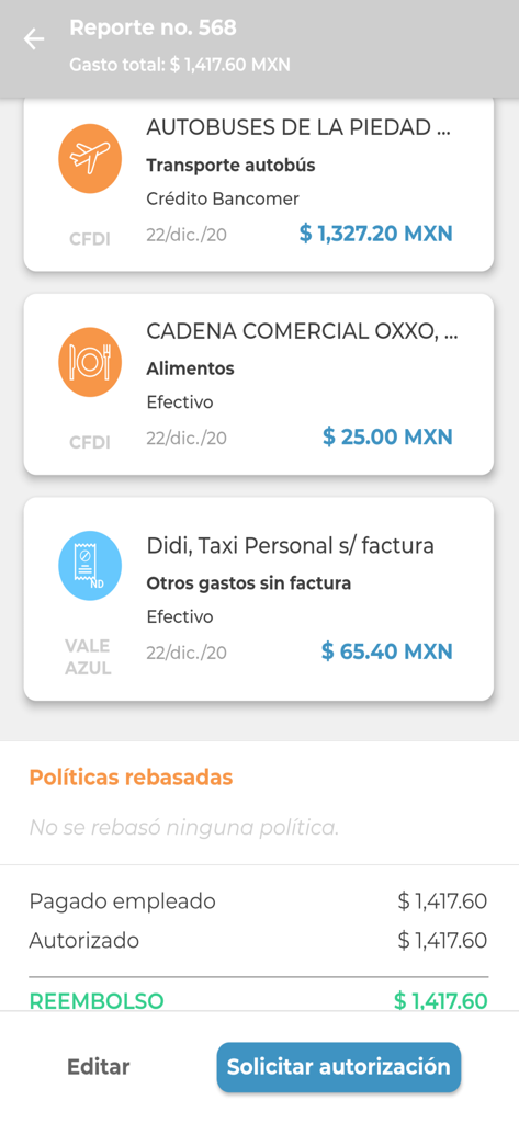 A mobile interface showing a travel expense report with bus, food, and taxi expenses and a reimbursement total.