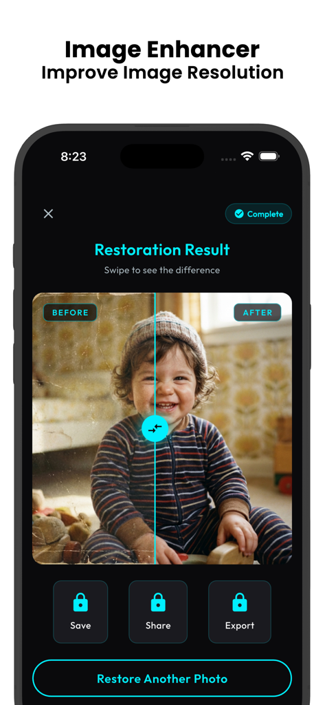 Old Picture Restoration AI - Before and after slider showing AI restoration of an old photo of a baby