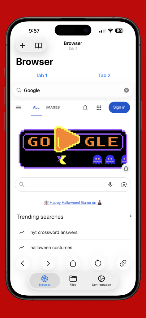 Captura de tela do aplicativo eFiles Pro mostrando seu navegador web privado integrado com navegação por abas e interface de busca do Google.