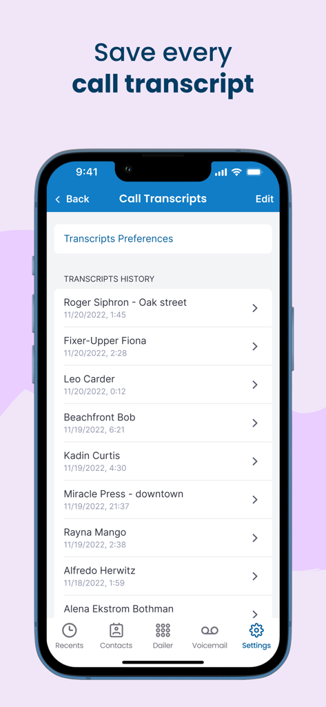 Interface do aplicativo Nagish mostrando uma lista de transcrições de chamadas salvas com nomes de contatos e datas