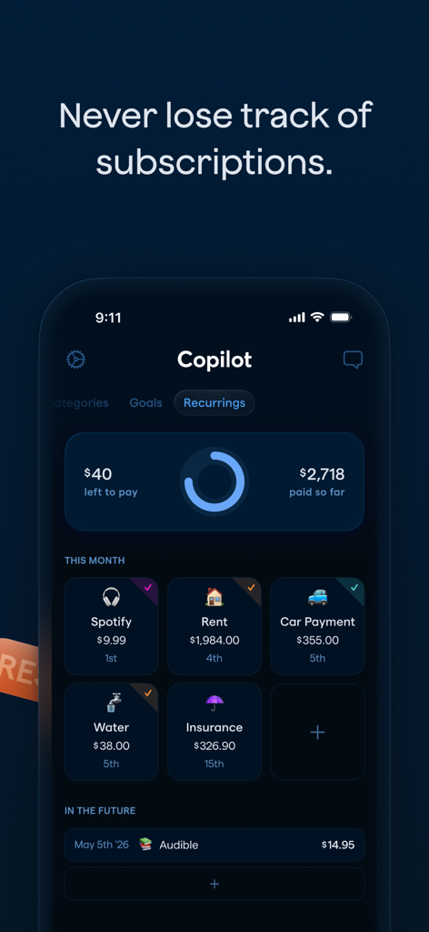 Copilot mobile app interface showing recurring subscription tracking with monthly costs for Spotify, rent, and insurance.