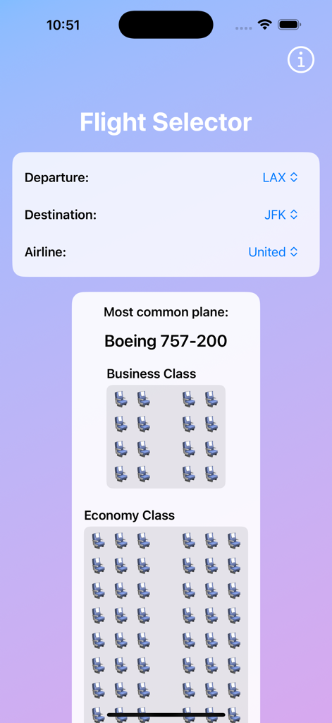 Tela do Seletor de Voos no aplicativo Plane Seats mostrando um layout de assentos de Boeing 757-200 para um voo da United de LAX para JFK