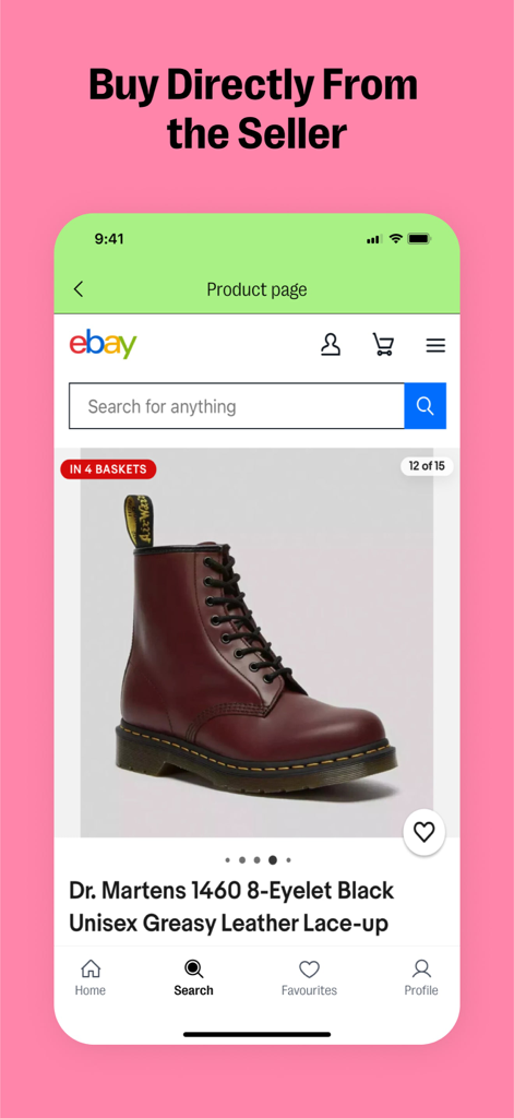 Faircado app screenshot showing a secondhand eBay listing for Dr. Martens boots.