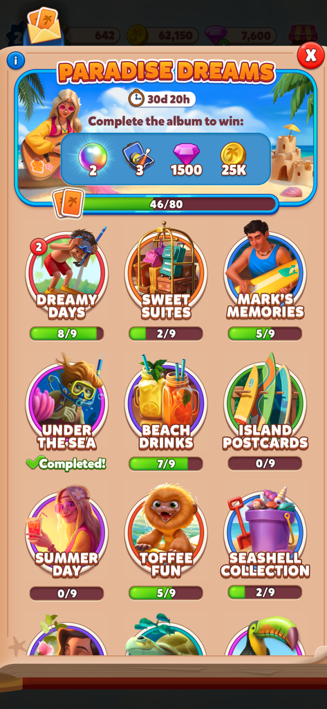Paradise Dreams album screen in Travel Town showing collectible card sets and rewards
