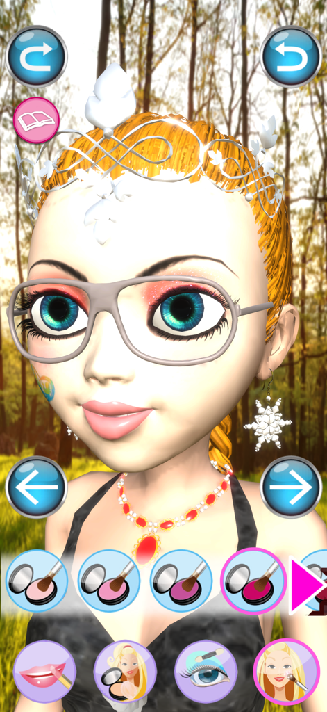 Un personaje 3D llamado Angela con una tiara y gafas en la sección de maquillaje de un juego de salón de princesas