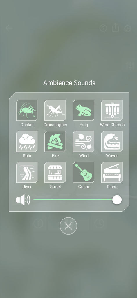 Bird Sounds Relax - Interfaccia che mostra opzioni di suoni ambientali tra cui pioggia vento onde e strumenti musicali