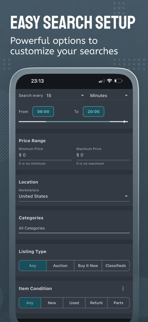 Easy search setup interface in Dealerts app with filters for price, location, listing type, and item condition