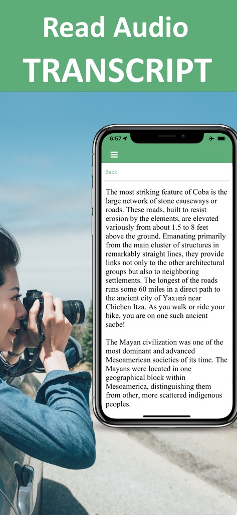 Coba Ruins Cancun Mexico Guide - A smartphone showing the audio transcript feature of the Coba ruins guide app alongside a tourist taking a photo.