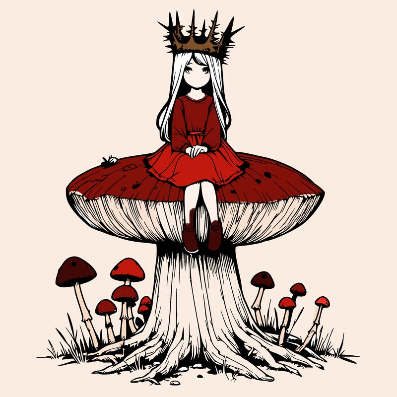realistic girl sitting on a huge tree stump size toadstool with thorn crown