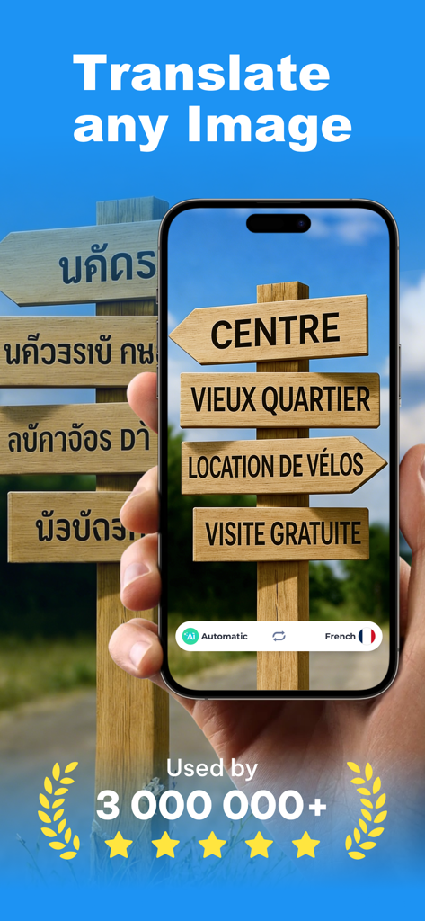 Pantalla de iPhone traduciendo un poste de señales tailandés al francés usando la aplicación Photo Translator AI